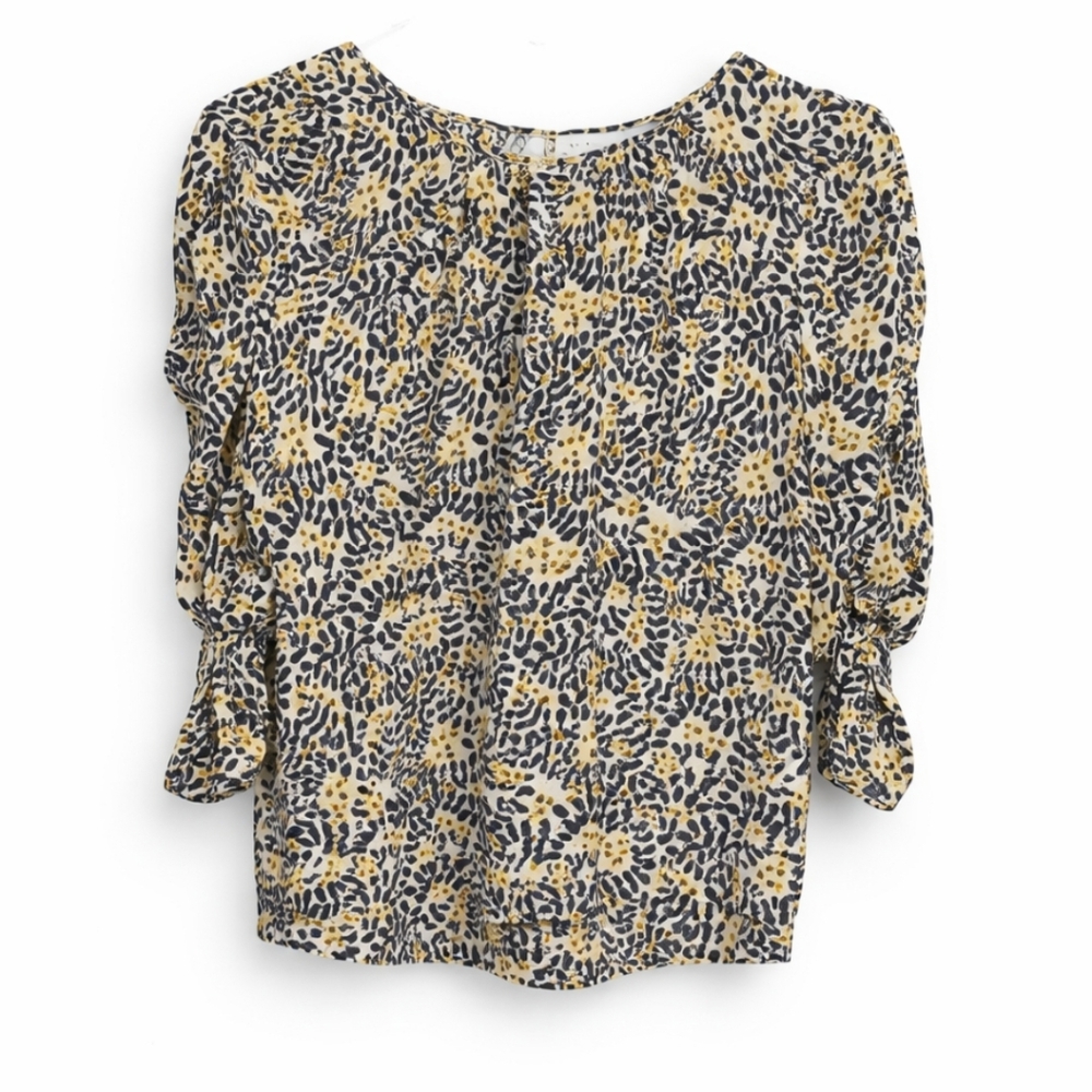 Max Studio Black Yellow Ruched Sleeve Floral Blouse Sz Lg